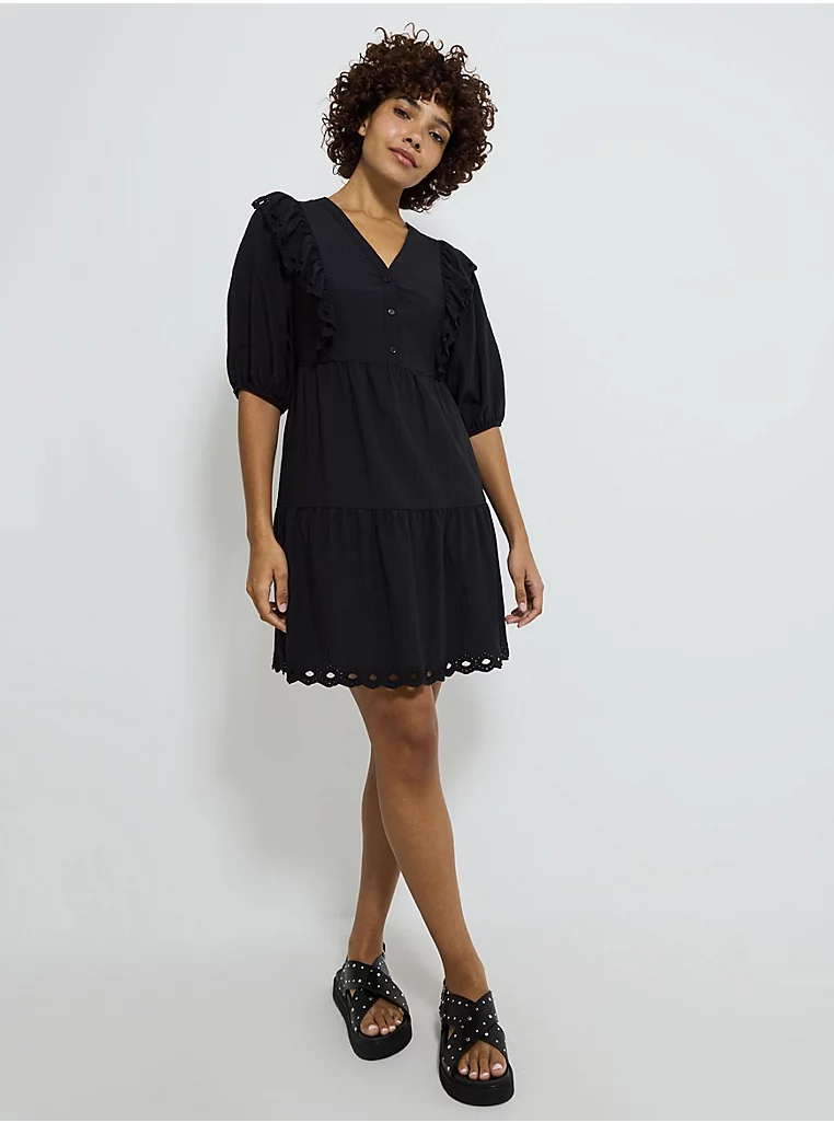 Black Crinkle Frill Boho Puff Sleeve Mini Dress - Image 3
