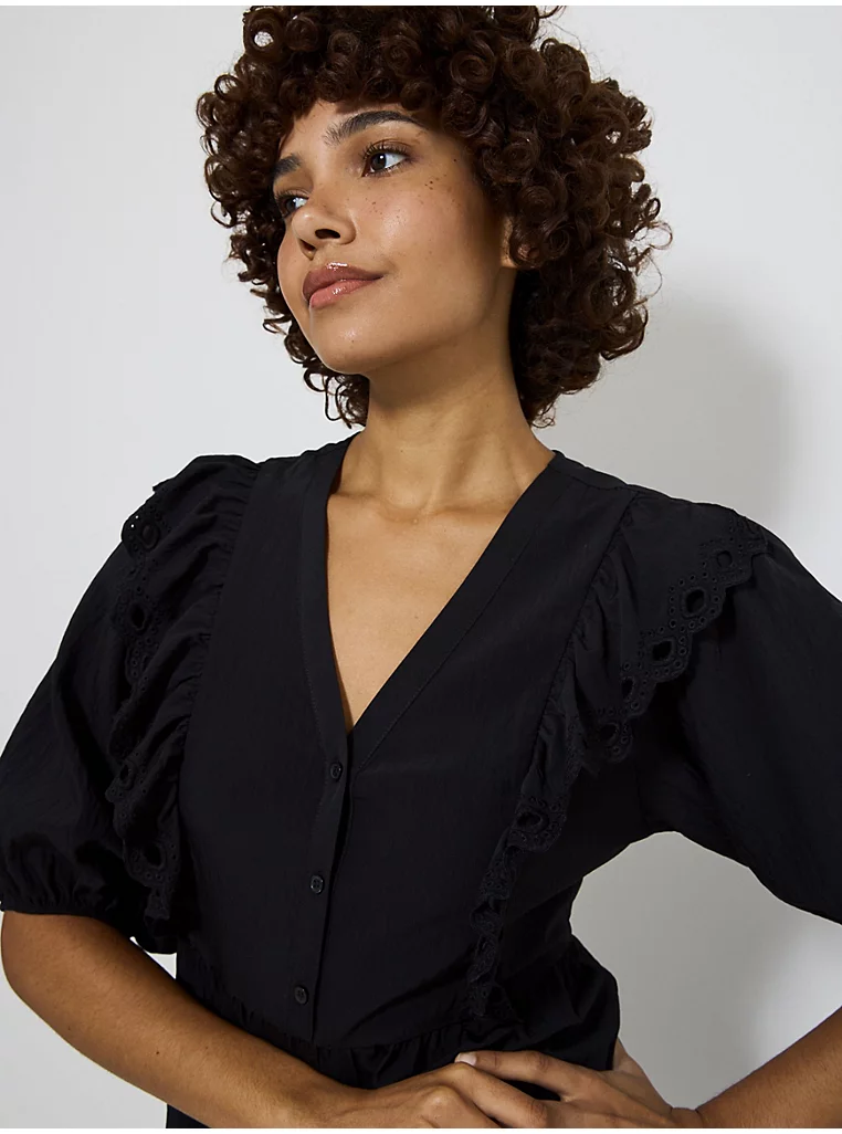 Black Crinkle Frill Boho Puff Sleeve Mini Dress - Image 2